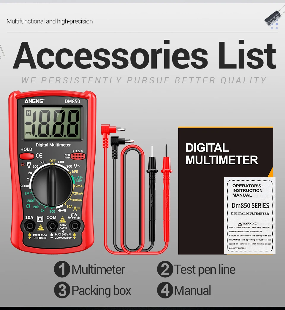ANENG DM850 Digitalmultimeter mit 1999 Messwerten, Gratis Geschenk BT173 Batterietester, AC/DC-Spannung, Strom, Widerstand, Diodentest, tragbar – Detail 12