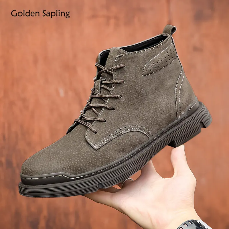 Golden Sapling Retro Men's Boots Leisure Work Shoes Genuine Leather Ankle Boot for Men Platform Flats Tactical Military Footwear