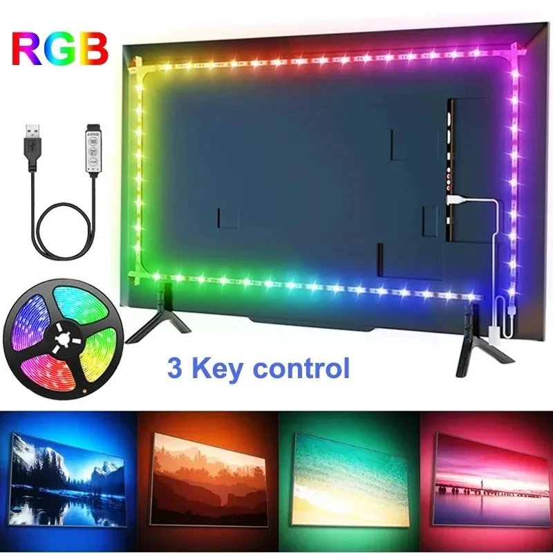 

Светодиодная лента RGB 5050 для ТВ, 3 кнопки управления, USB, 5 В, светодиодная лента для подсветки телевизора, гибкая лента для украшения дома