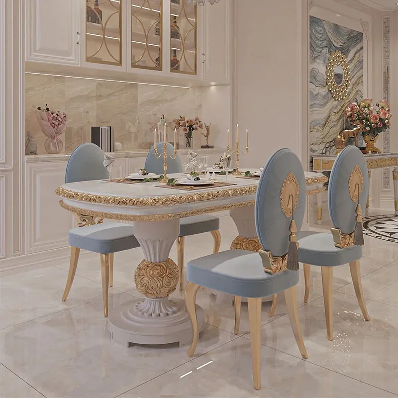 French light luxury palace style dining table and chair combination of solid wood carved oval high-end villa European luxury