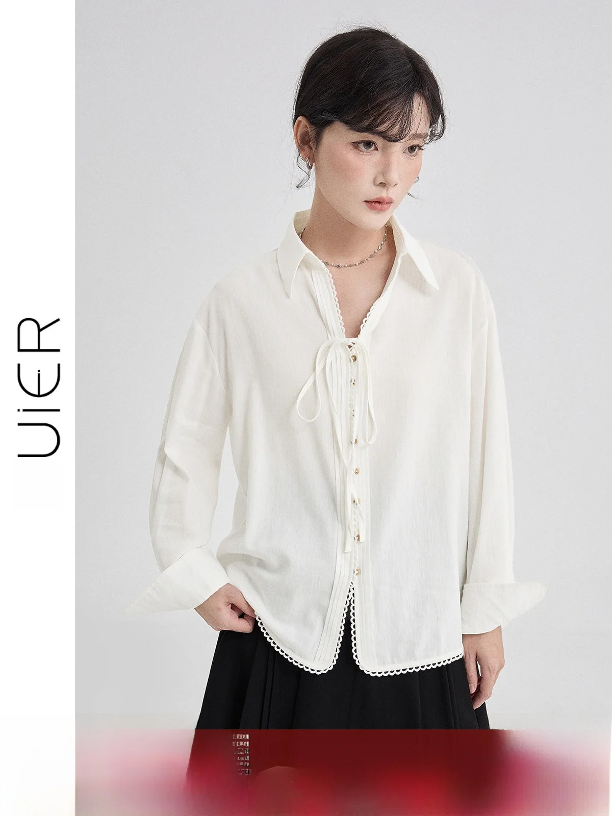 

Белая льняная рубашка Ele для женщин, весна 2026, новая модель с кружевной отделкой и поясом, уникальная, повседневная, модная женская рубашка