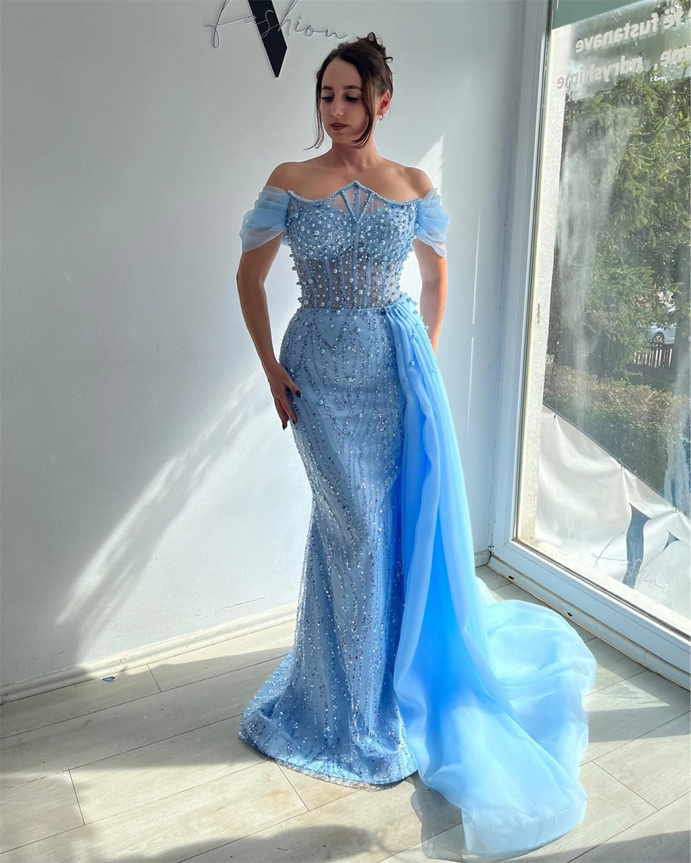 

Customized Mermaid Formal Blue Tulle Evening Dress Modern Off the Shoulder Prom Dress Court Train Special Occasion Gowns