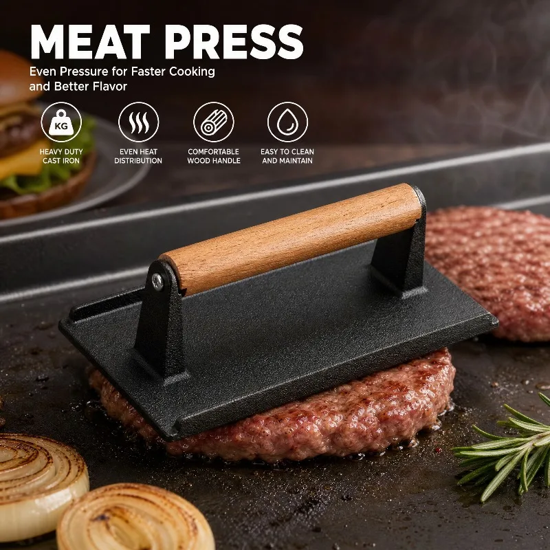Parrilla para barbacoa al aire libre, tabla para prensar carne, hamburguesa, prensa de hierro fundido para carne, filete, teppanyaki