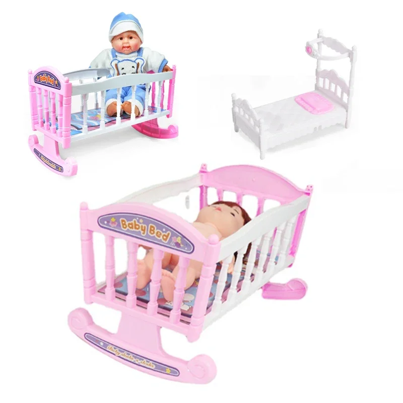 Baby Bed Cradle for 8-10 Inches Dolls Cute Dollhouse Accessories Miniature for Baby Doll Gift Toys for Children 3 Years and Up