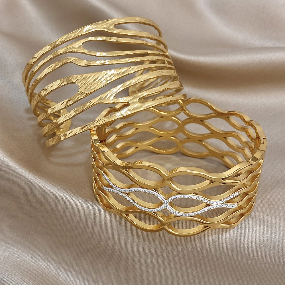 AENSOA Three-layer Hollowed-out Diamond-encrusted Fishtail Shape Bracelet Chunky Stainless Steel Exaggerate Waterproof Bangles