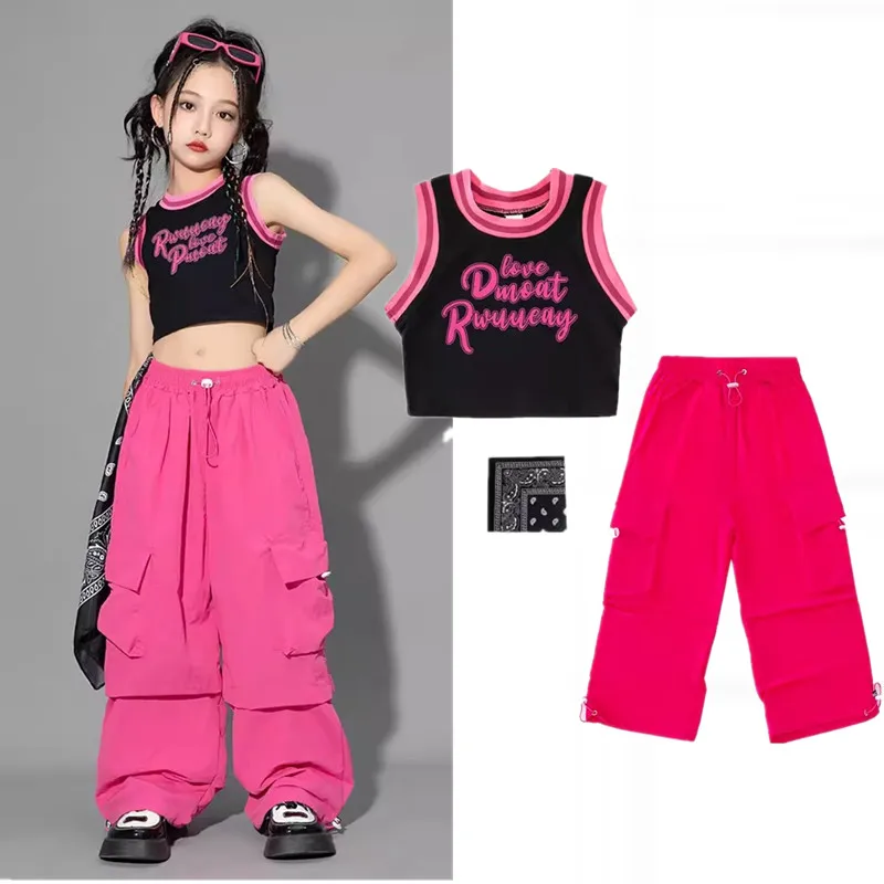 

Multi Pockets Pants For Girls Hip Hop Dance Clothes Kids Jazz Costume Crop Tops Street Dance Practice Performance Wear