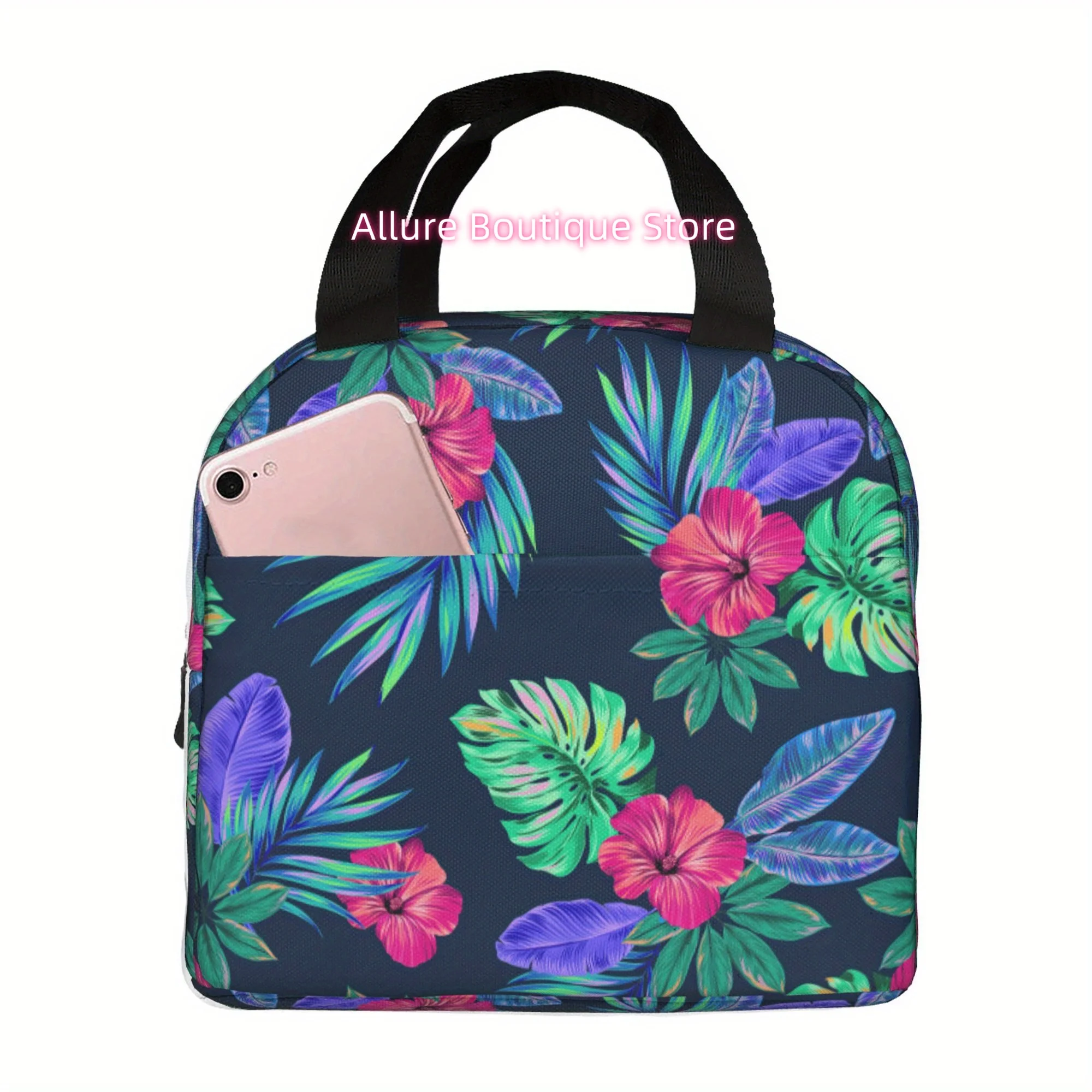 1pc Non-food contact Portable Reusable Cooler Bag with Insulated Lunch Box - Tropical Floral Design, Durable Polyester, Hand Was