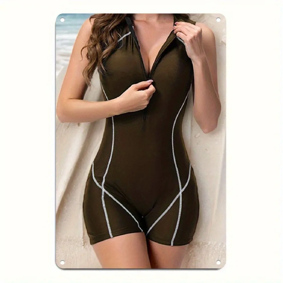 Retro Green Stripe Swimsuit One-Piece Adjustable Straps High Neck Summer Beach