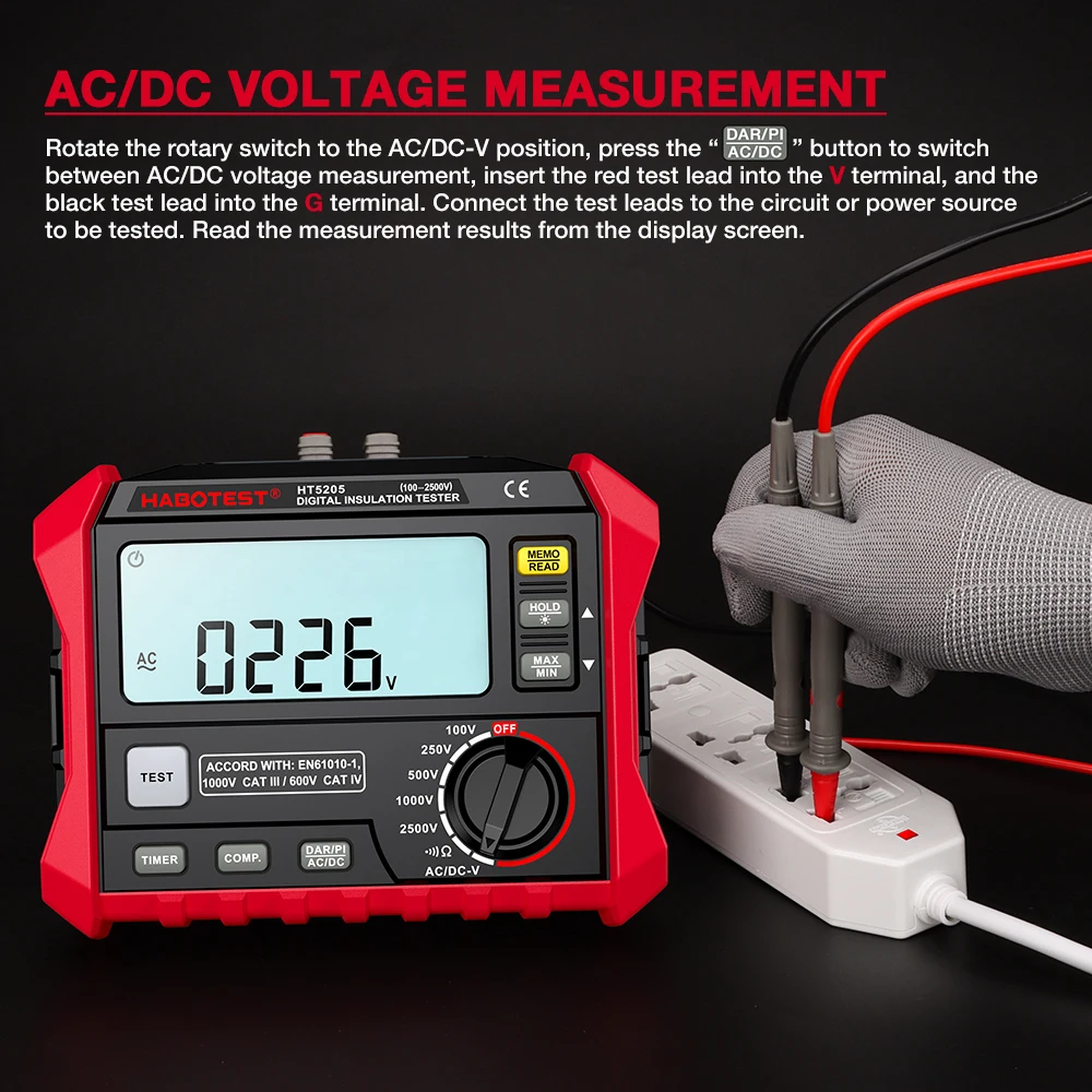 HABOTEST High‑Precision Insulation Tester 100‑2500V Megger Resistance Meter Auto‑Off Electrical Insulation Diagnostic Test Tool