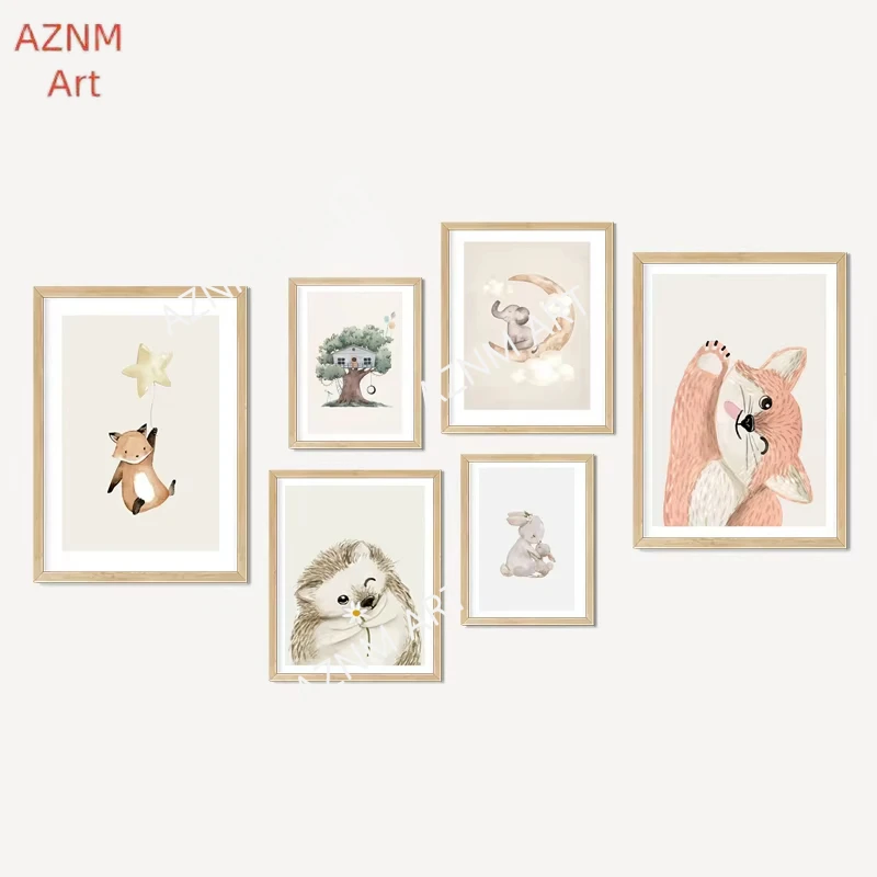 Elefanten- und Fuchsdrechselbilder Wandkunst Leinwandposter Malerei Kinderzimmer-Dekor Boho-Bilder Kinderzimmerdekoration