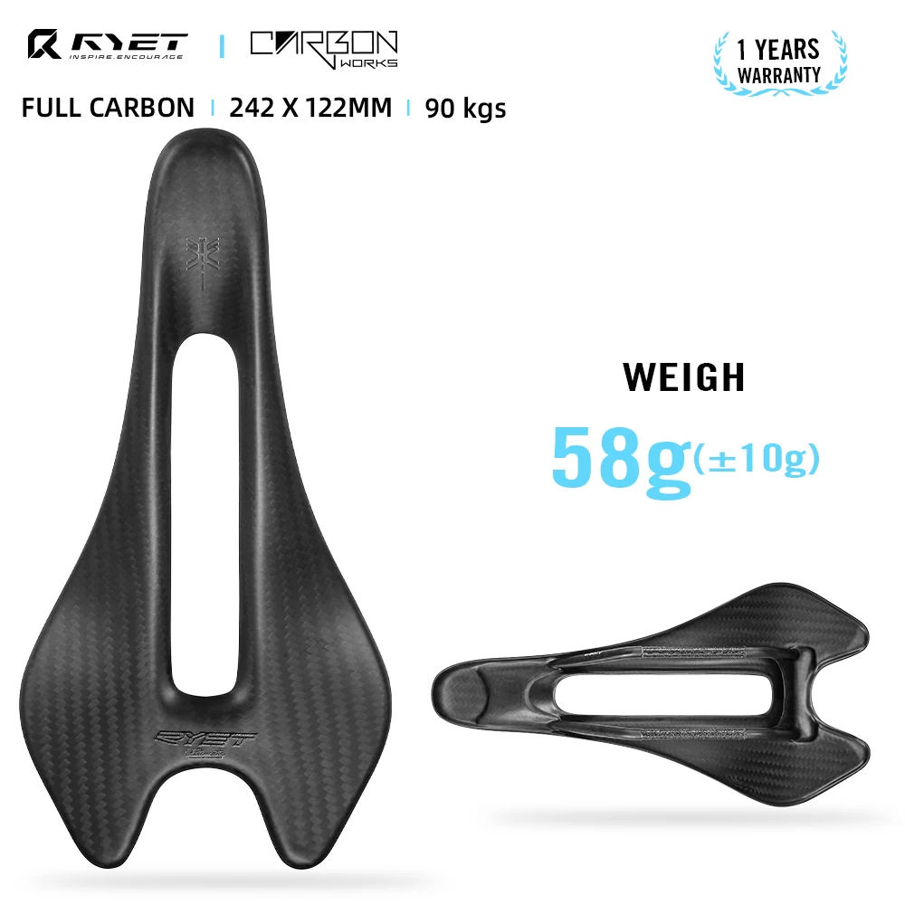 

RYET Ultralight 58g Full Carbon Saddle 3K Weave Oval 6.5X8.5mm 242/122mm Bicycle Saddle for Road Mountain Recreation Urban Bike