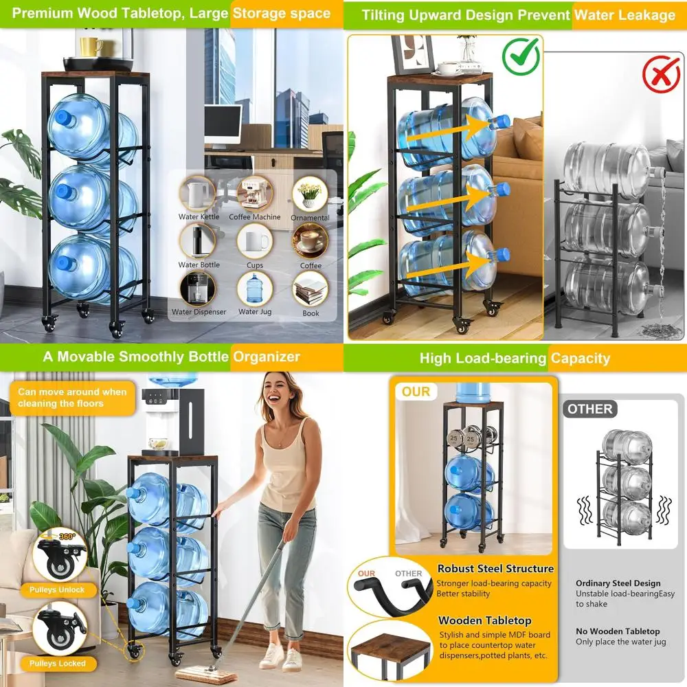 

5 Gallon Water Bottle Holder, 3-Tier Water Jug Rack,Water Jug Stand With Lockable Casters,Heavy Duty Water Storage Rack Water Di