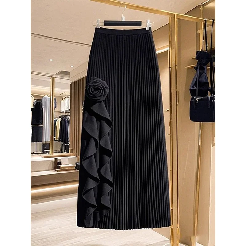 New French 3D Floral Ruffles Skirt Women Fashion Elegant High Waist Casual Solid Color Party Skirts Spring Summer Jupe