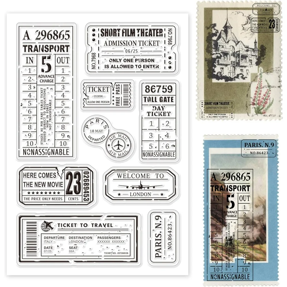 Retro Air Travel and Movie Ticket Silicone Clear Stamps Transparent Stamps for Christmas Birthday Valentine's Day Cards