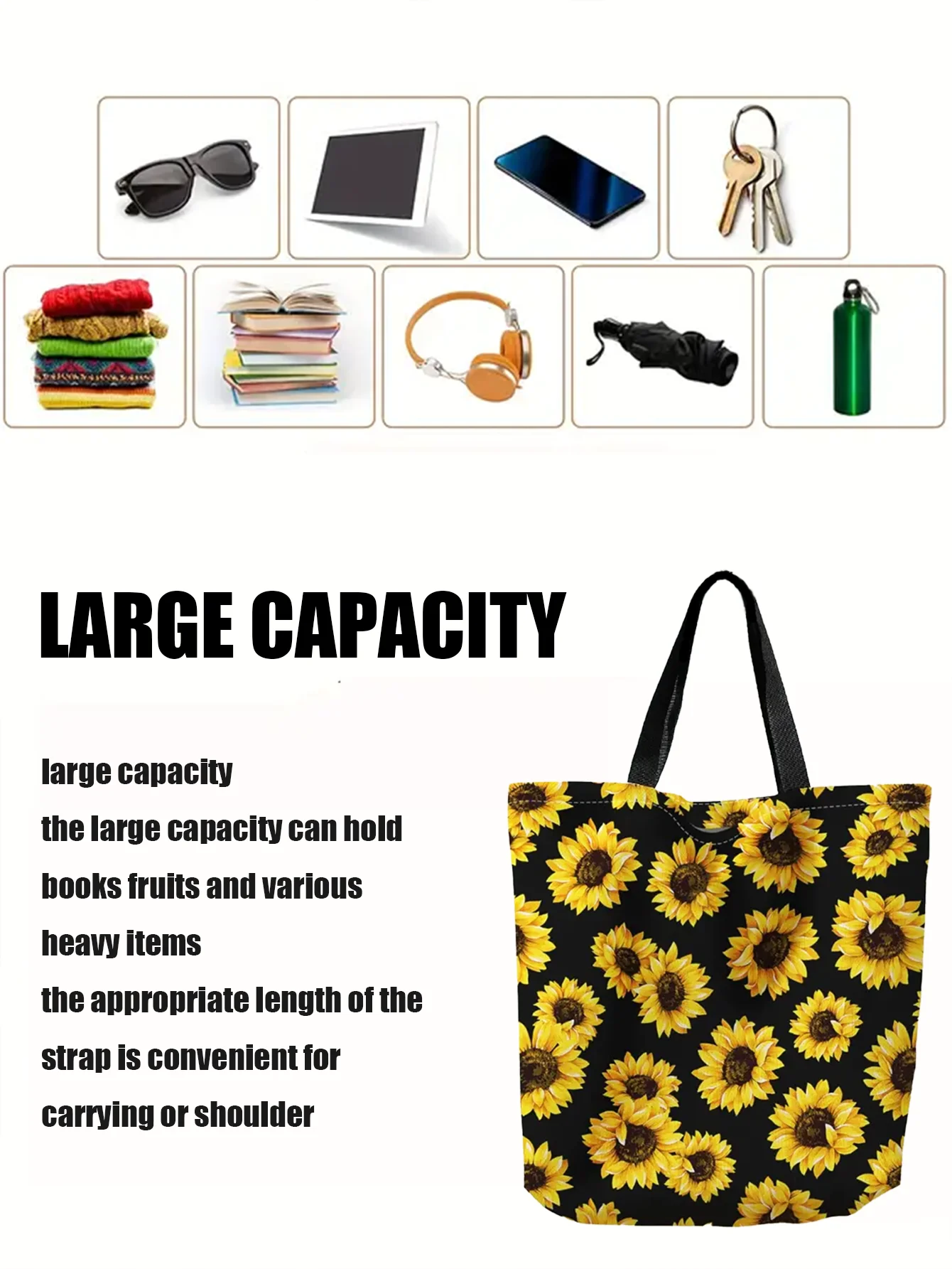 Sunflower Pattern Women's Handbag Large Capacity Canvas Shoulder Bag Foldable Environmental Handbag Reusable Shoulder Bag