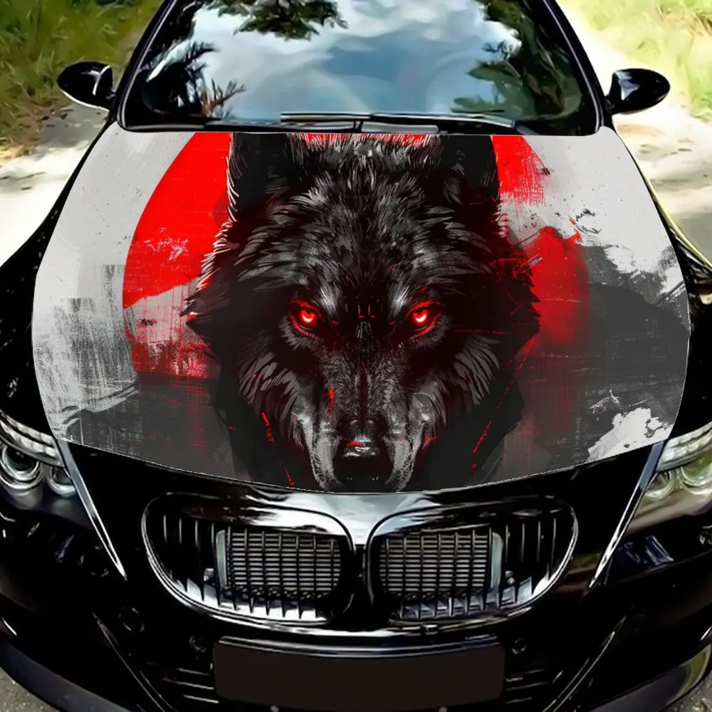 Fierce Red Eyed Wolf with Red Sun Car Hood Wrap Color Vinyl Sticker Truck Graphic Bonnet Auto Accessories Decoration Decal Gift