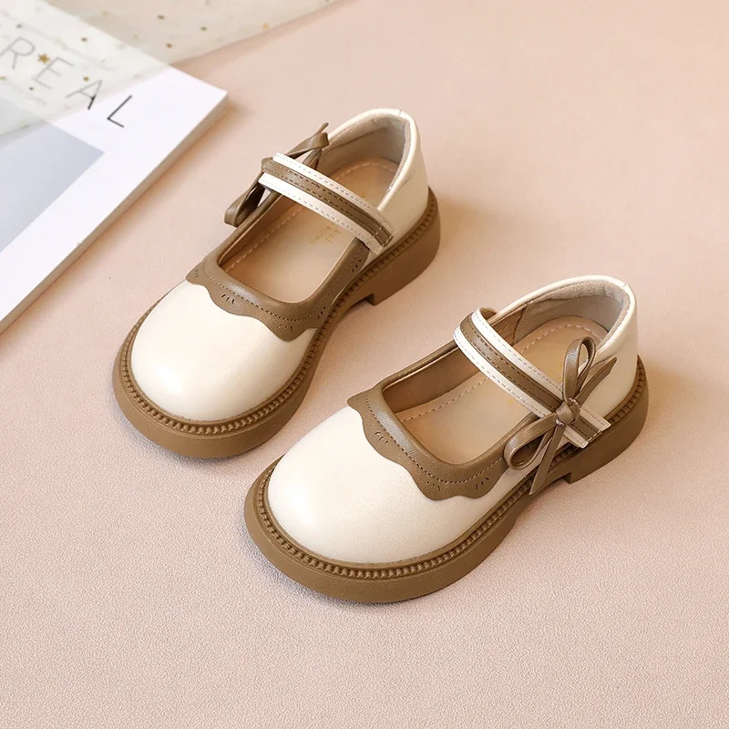 Dziewczęce skórzane buty z antypoślizgową kokardką z okrągłym noskiem Wiosna Jesień Outdoor Girls PU Casual Leather Shoes Sandalias De Mujer