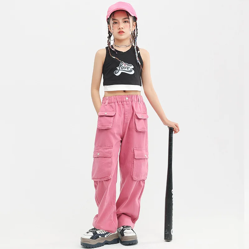 Kid Cool kpop Hip Hop Black Crop Tank Top Pink Casual Street Muliti Flap Pocket Cargo Pants for Girl Jazz Dance Costume Clothes