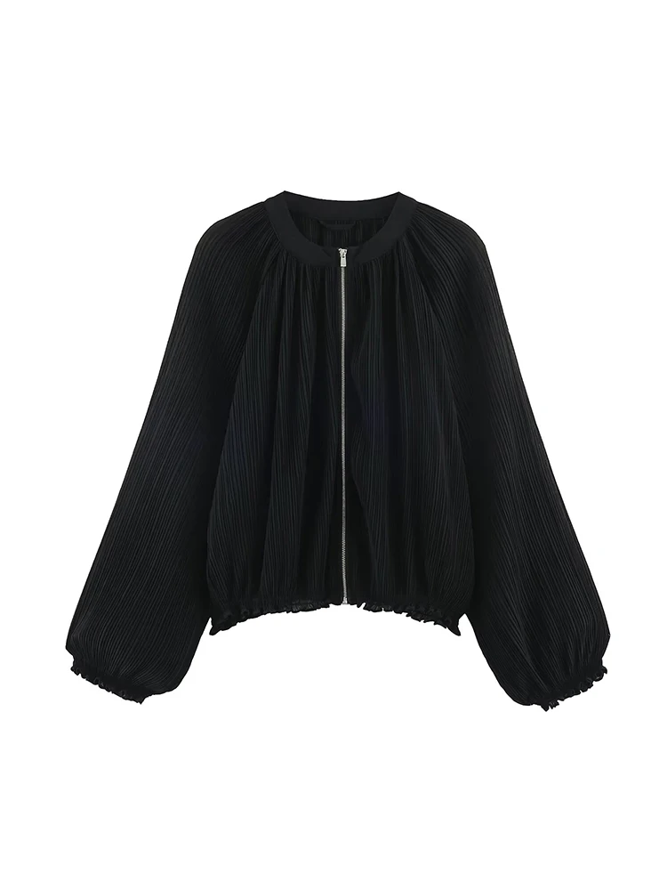 TFMLN 2026 Casual Thin Jacket For Women Comfortale Round Neck Long Sleeve Pleated Zipper Coat Ladies Autumn Tiered Coats