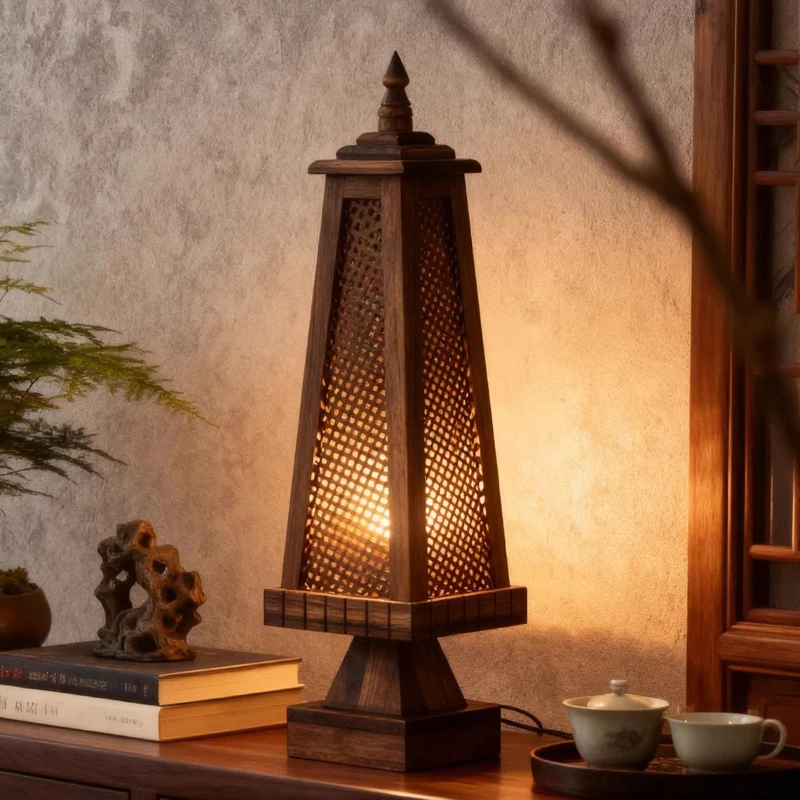 Vintage Solid Wood Floor Lamp with Creative Bamboo Weaving Lampshade for Living Room Bedroom Nightstand Homestay Table Lighting