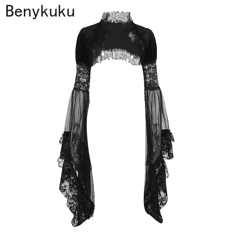 

Velvet Splicing Halloween Punk Bolero Lace Shrug Cropped Top Goth Black Shawl Flare Sleeve Cover Top Wraps gothic Short Cardigan