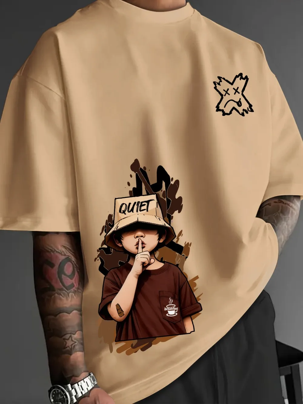 T-shirt d'été pour hommes européens et américains, à col rond, imprimé de lettres et de personnages de dessins animés, doux et respirant, pour l'extérieur et le streetwear