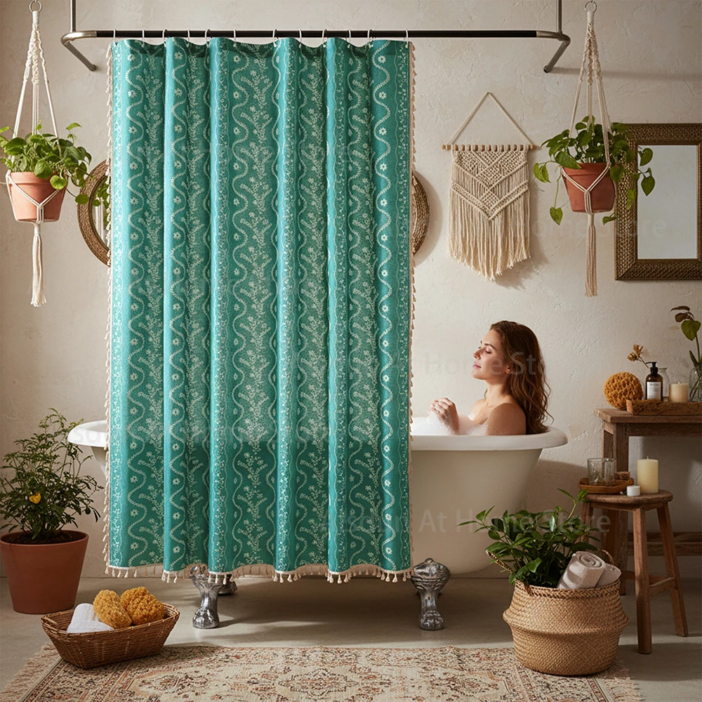 Boho Tassels Flower Print Shower Curtains Vintage Bathroom Privacy Shower Curtain Bathroom Decoration
