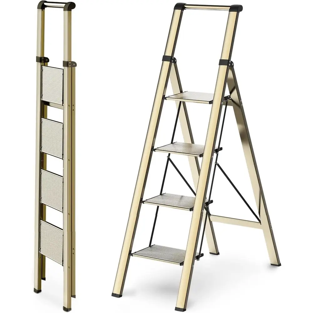 Ladders Home, Anti-Slip Pedals, Step Stool Foldable, Lightweight, Easy Storage, Reach 9ft or Closet Kitchen, Hold 300lbs - Gold