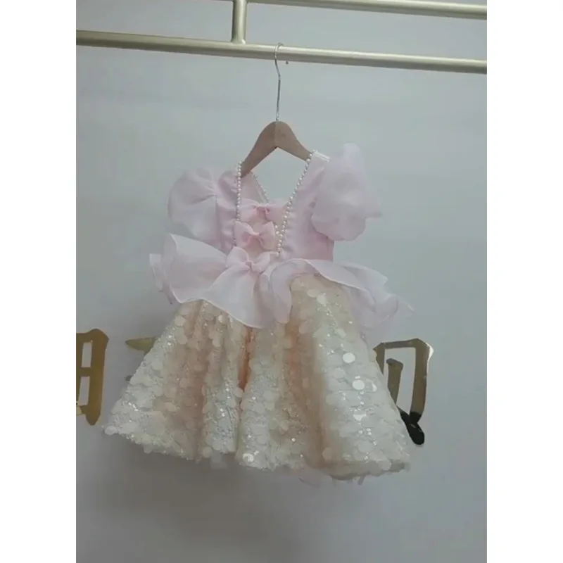 

Children's High-End Dress Pink Little Host Flower Girl Wedding Western Style Costume for Piano Performance Summer Girl Princess