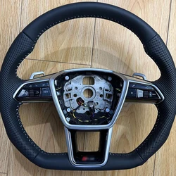 Leather heated steering wheel for Audi A6 A7 C8 2019 - 2025 upgraded S6 S7 RS 6 RS 7 sports flat bottom heated steering wheel