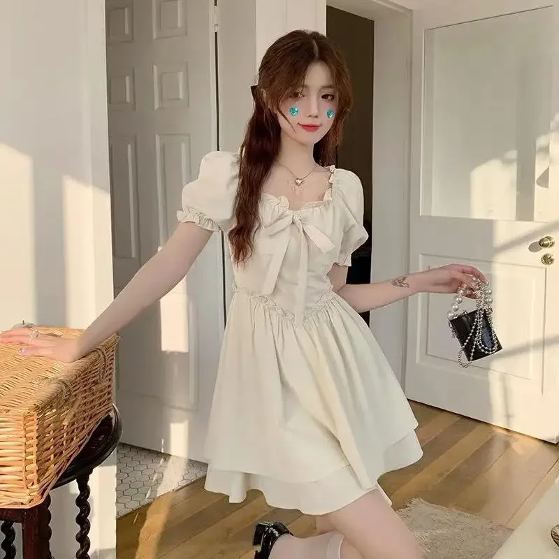 

A-line Mini Dresses Women Ruffles Square Collar Puff Sleeves High Waist Summer Casual Mini Korean Style Soft Ins Vestido Y2k