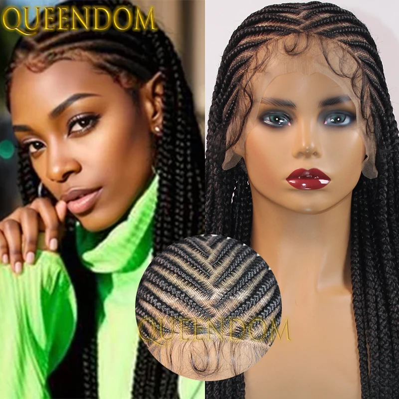 

Synthetic Lace Front Braid Wig Faux Locs Tribal Middle Part Braids Wig For Africa Women Knotless 36 Inch Box Braided Cornrow Wig