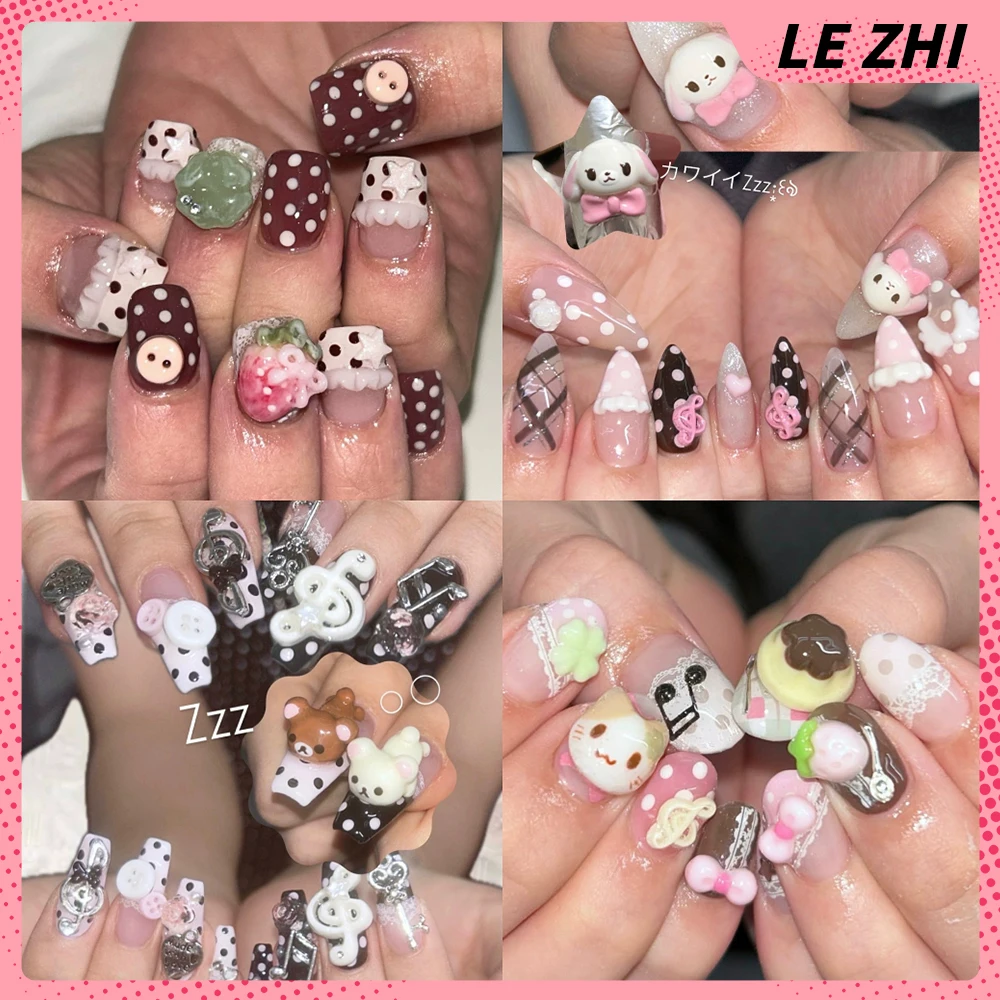 

Kawaii Anime Rilakkuma Cat Rabbit Handmande Wearable Press On Fake Nails Strawberry Polka Point Musical Notes Wings False Nails