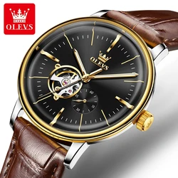 OLEVS Brand Fashion Tourbillon Mechanical Watch for Men Sport Leather Strap Waterproof Hollow Watches Men Relogio Masculino