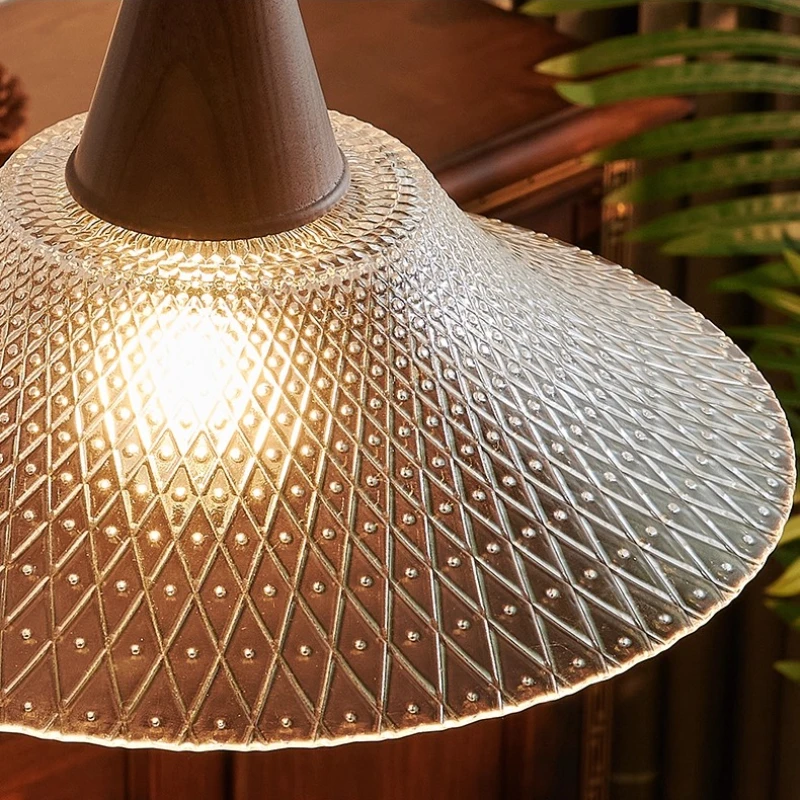 French Retro Walnut Glass Ripple LED Ceiling Pendant Lamps Restaurant Cafe Kitchen Study Interior Atmosphere Decor Hanging Light