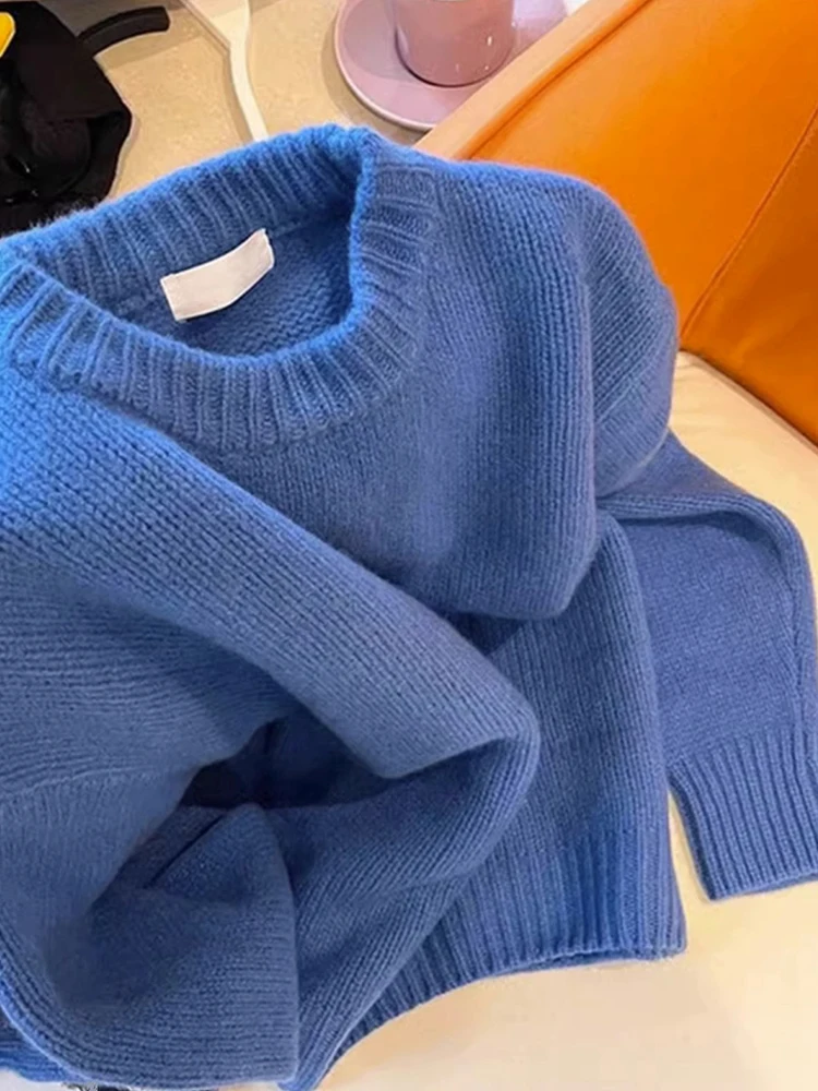 Klein Blue Women's Overhead Knitted Sweater Soft Warm Retro Japanese Style Long Sleeve round Neck Loose Fit Autumn Winter Top