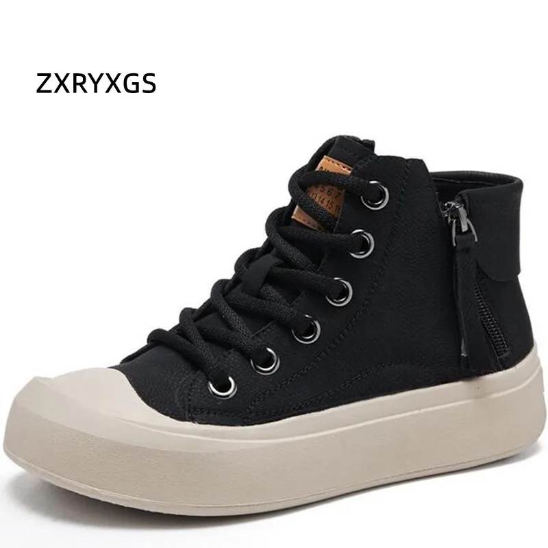 ZXRYXGS Genuine Leather Retro Short Boots Women Sneakers Flat Trend Shoes 2025 Fashion Casual Sneakers Double Zippers Large Size