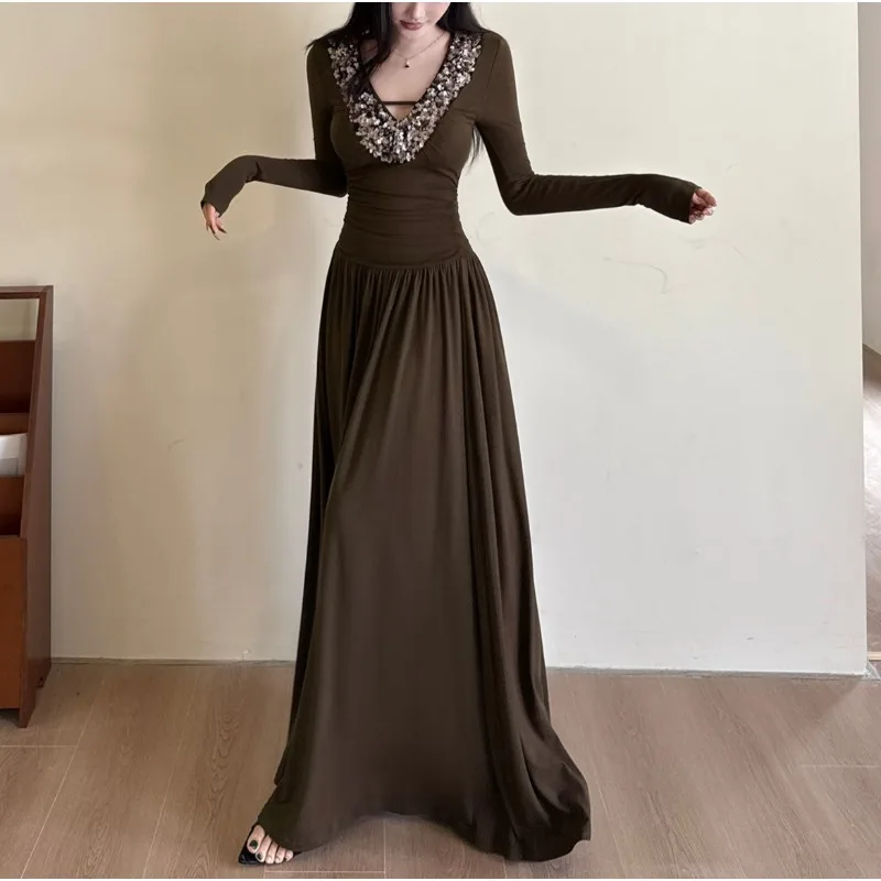 

2026 Low-necked Long-sleeved Dress for Women's Autumn French Royal Sister Style Waist Swing Dress