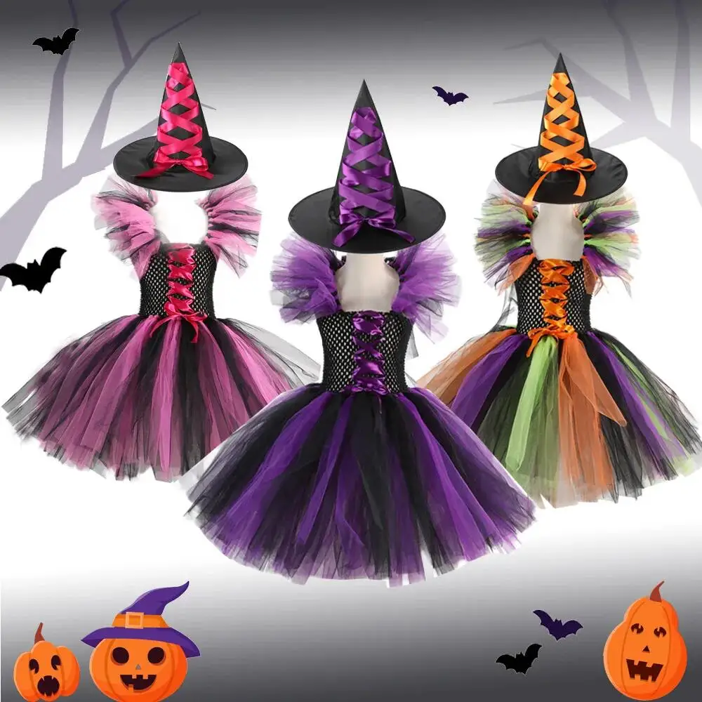 2024 Disguise Witch Costume for Girls Halloween Tutu Knee Dress with Hat Broom Pantyhose Kids Carnival Cosplay Party Outfit Set