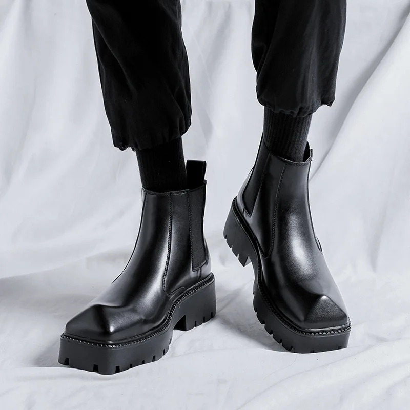men fashion platform boots brand designer pointed toe shoes punk stage dresses genuine leather chelsea boot black ankle botas