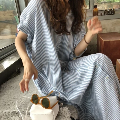 Women's ort Sve irt Dr Knee-Length Ultra-Long Striped Loose plus Size Korean Sle Commute Wind Cotton Polyester