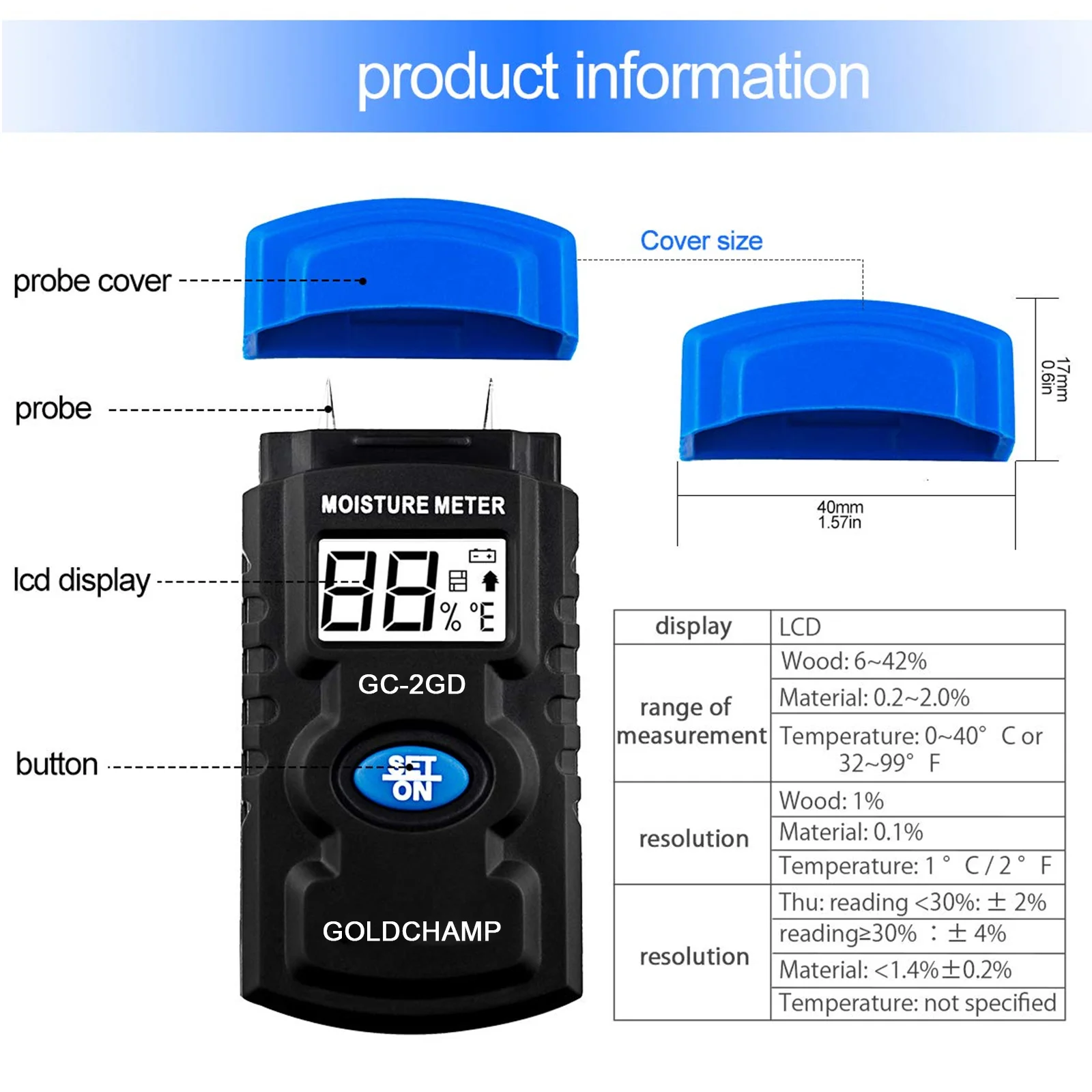 HoldPeak Pin-Type Moisture Meter 6-42% Wood 0.2-2.0% Material 0.1% Res ±0.1% Acc Backlit LCD Temp for Concrete Mortar Plaster
