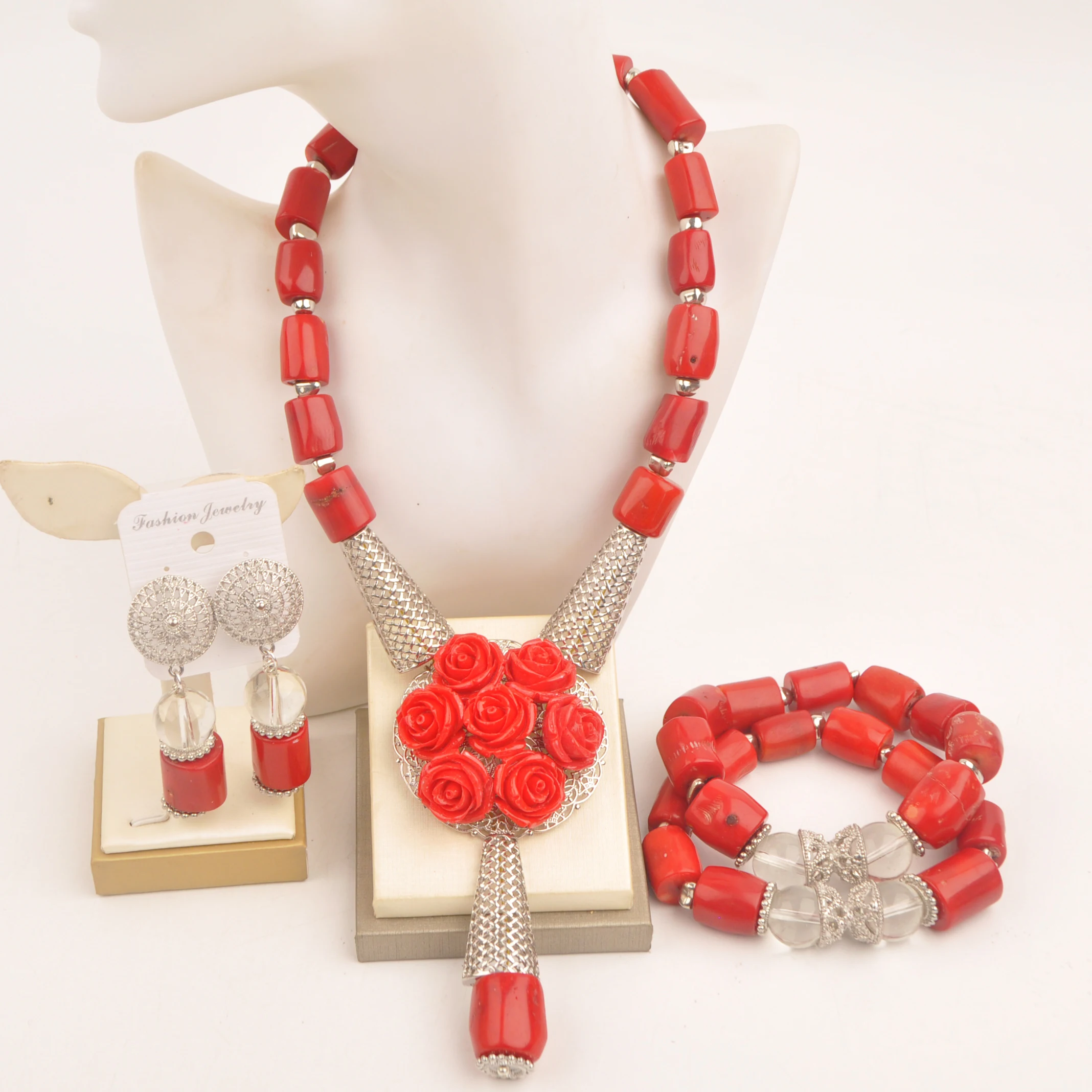 Natural coral Nigerian Wedding necklace African fashion jewelry Red collection