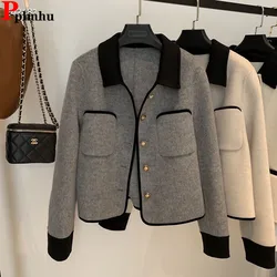 Spliced Vintage Slim Woolen Bomber Jackets Casual Korean Single Breasted Jaqueta Vintage Chaquetas Coats  Fashion Women Vestes