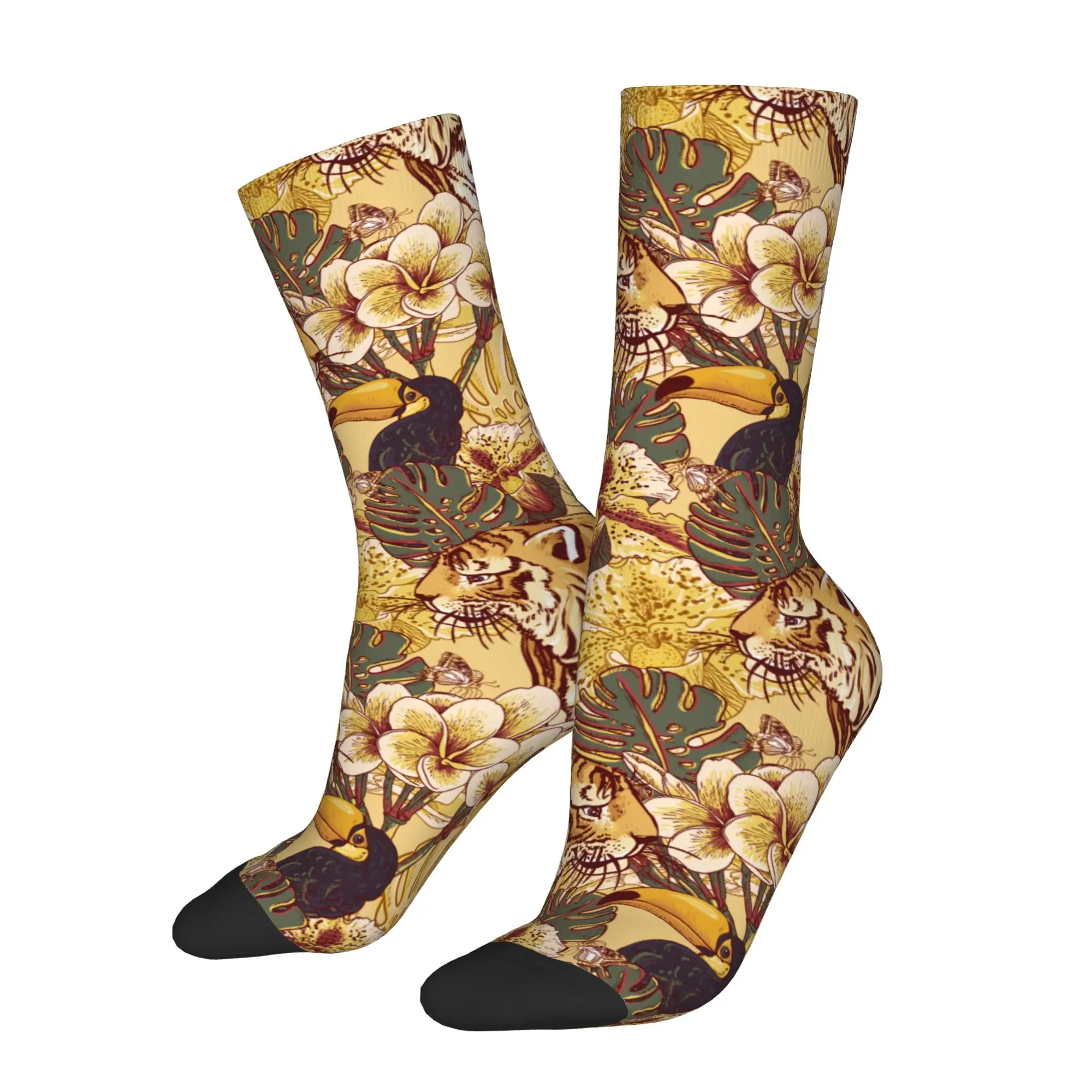1pc Tropical Floral Bird Background with Tiger Printed Men's Socks  Novelty Hip Hop Harajuku Pattern Crew Sock Casual Gift