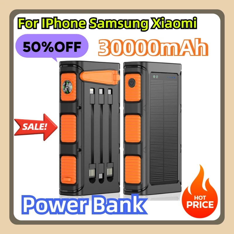 For IPhone Samsung Xiaomi Powerbank Solar Power Bank 30000mAh Hand Crank PD 20W Fast Charging Poverbank with Cable Camping Light