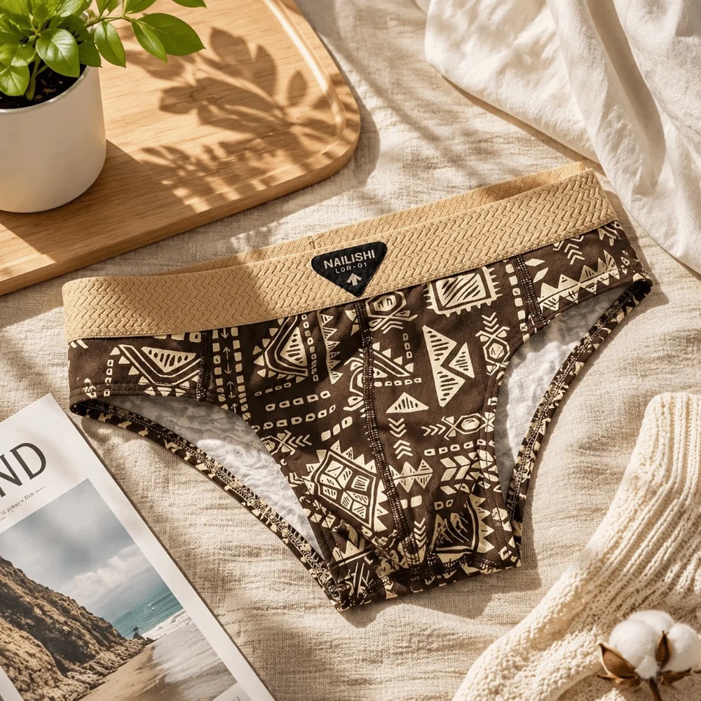 Retro Style Mid Waist Printed Underwear Stripe Lingerie Men Boxer Shorts Convex Pouch Triangle Panties Teenage