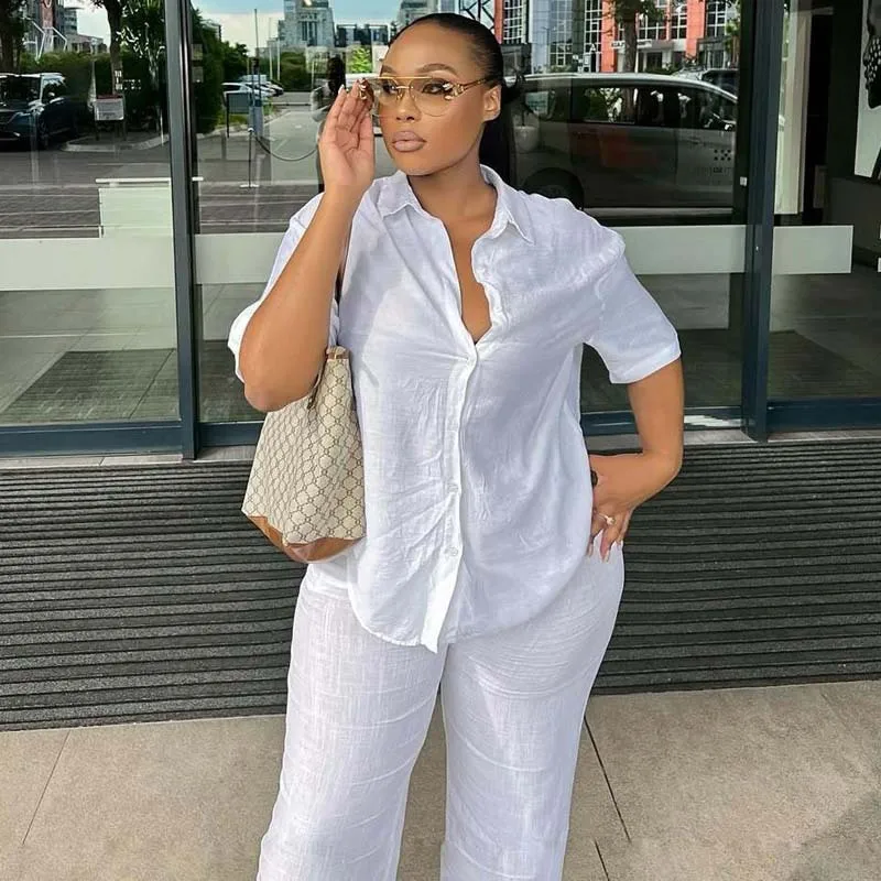 Roupa feminina manga curta gola virada para baixo elegante camisa de emagrecimento simples calças compridas de perna larga conjunto de duas peças para mulher