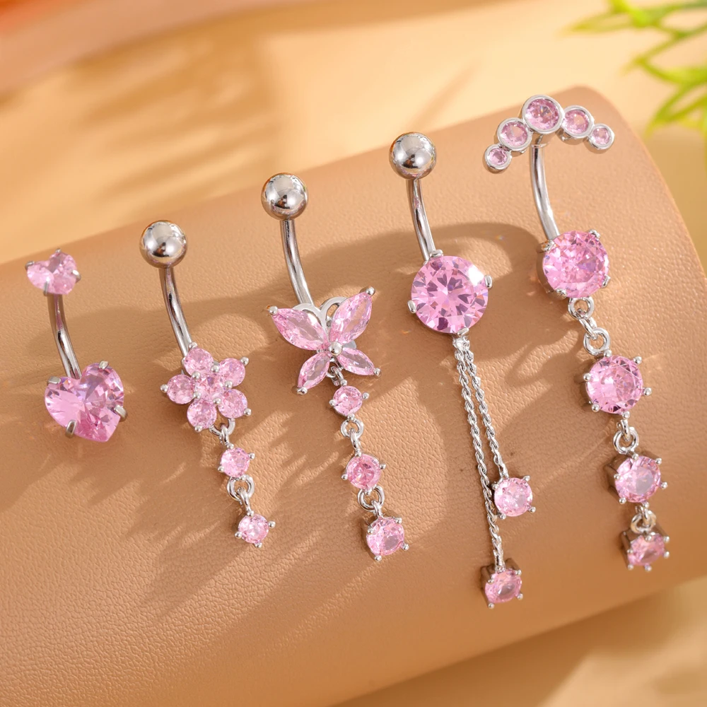 4-5pcs/lot Chain Tassel Pendant Belly Button Rings Set Belly Piercing 14G Butterfly Curved Navel Piercings Jewelry for Women