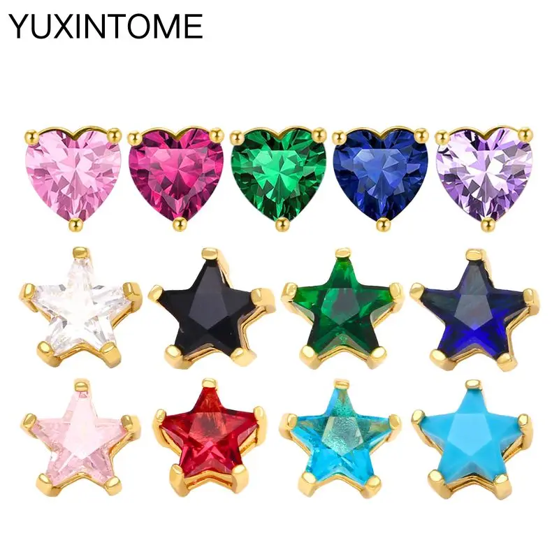 925 Sterling Silver Ear Needle Colorful Crystal Small Stud Earrings For Women Star/Heart Piercing Gold Earring Fashion Jewelry